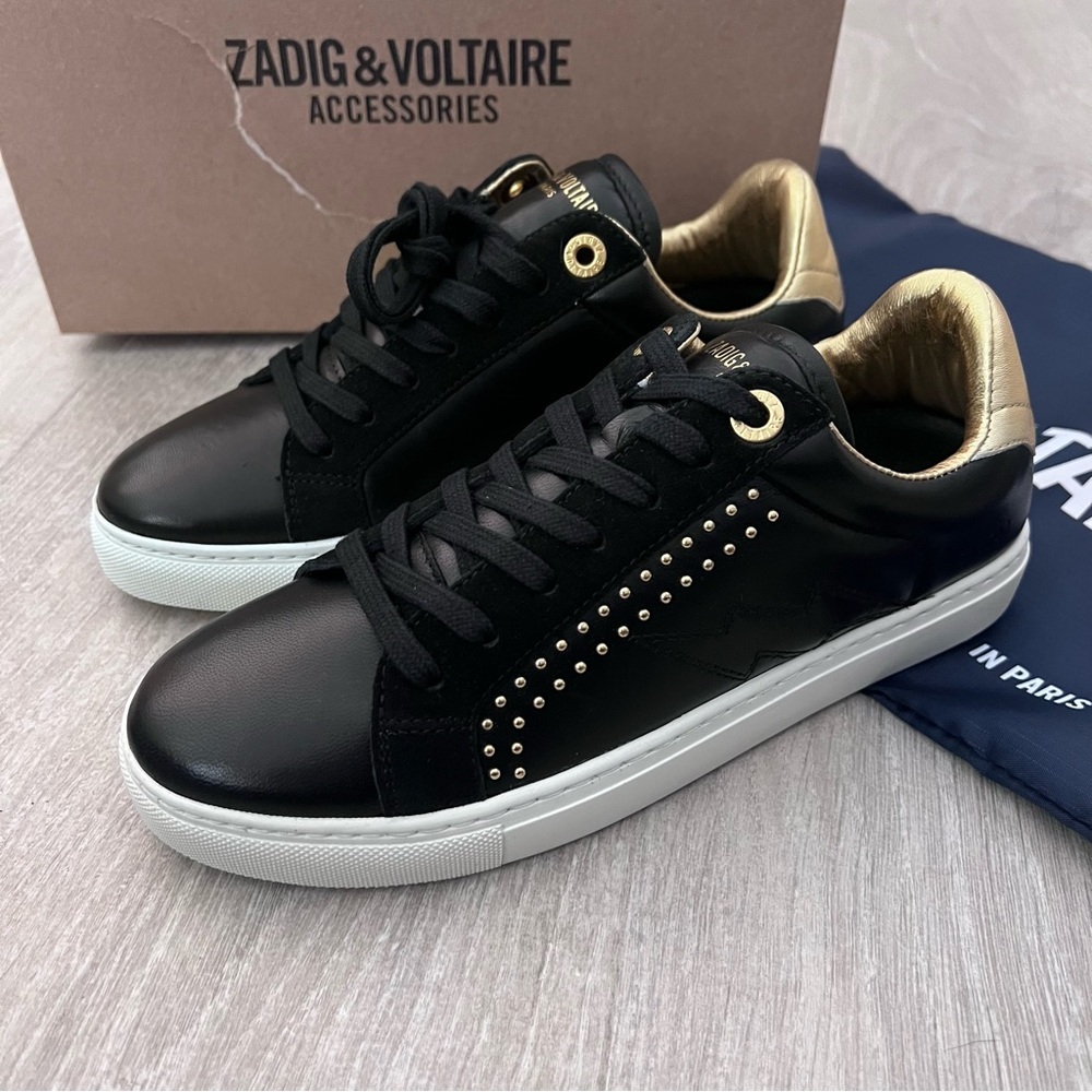 Zadig & Voltaire Black and Gold Sneakers with Gold Studs NWT - Picture 2 of 10
